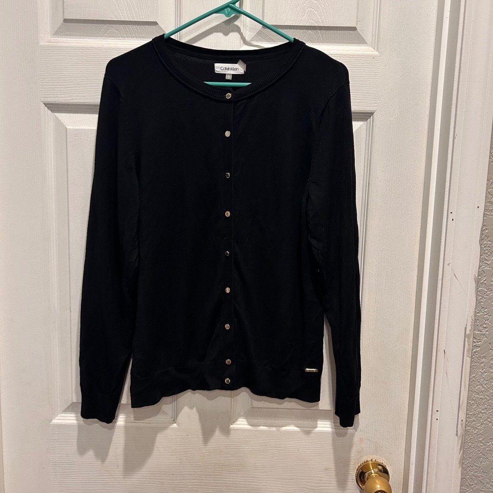 Calvin Klein Womens Black Cardigan Sweater Gold Buttons Knit Top‎ Large L